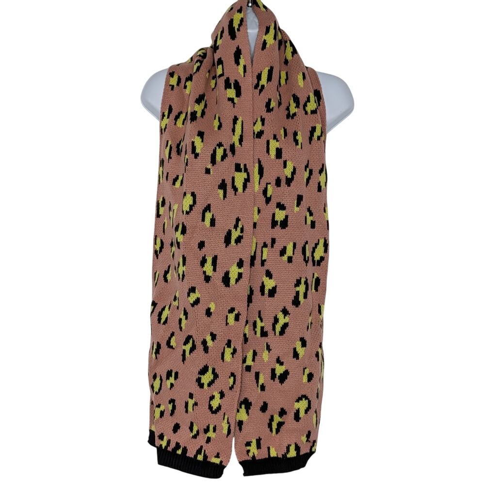 French Connection Leopard Print Knit Scarf In Pink Yellow Black NEW - Picture 2 of 10